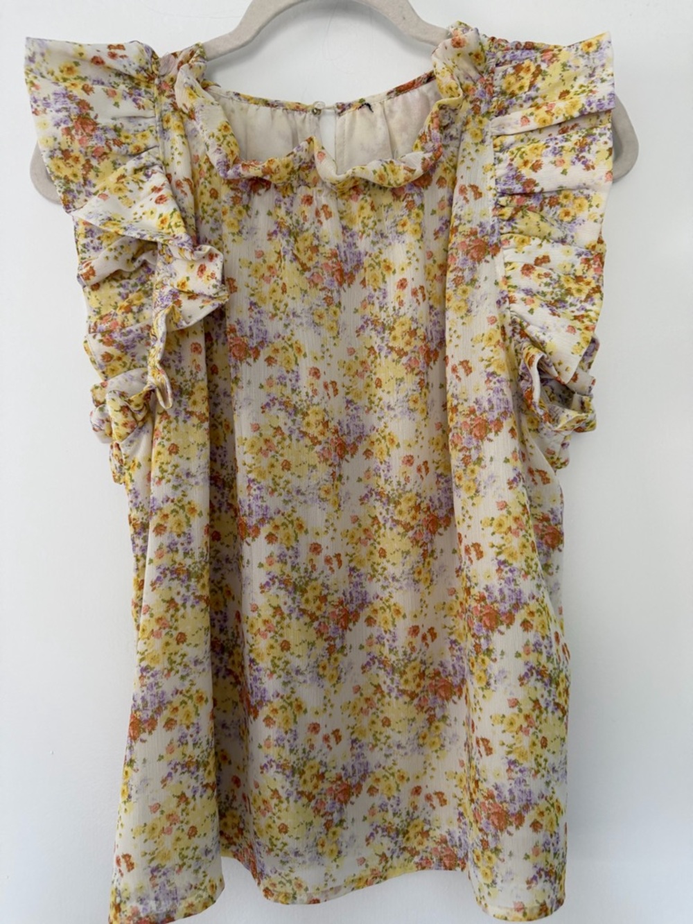 Vici Floral Ruffle Shoulder Sleeveless Top Blouse Cream Yellow Size M